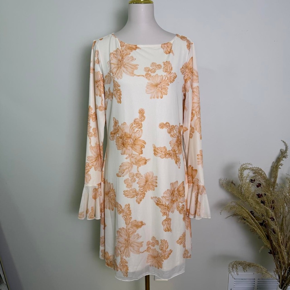 PrettyGarden XXL Cream & Peach Floral Mesh Long Sleeve Bell Cuff Dress